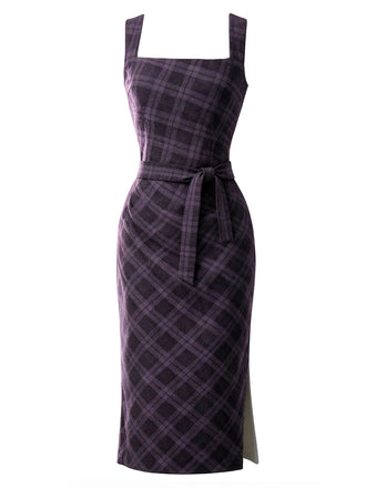 [Pre-Sale] Deep Purple 1960s Square Neck Plaid Belted Pencil Dress