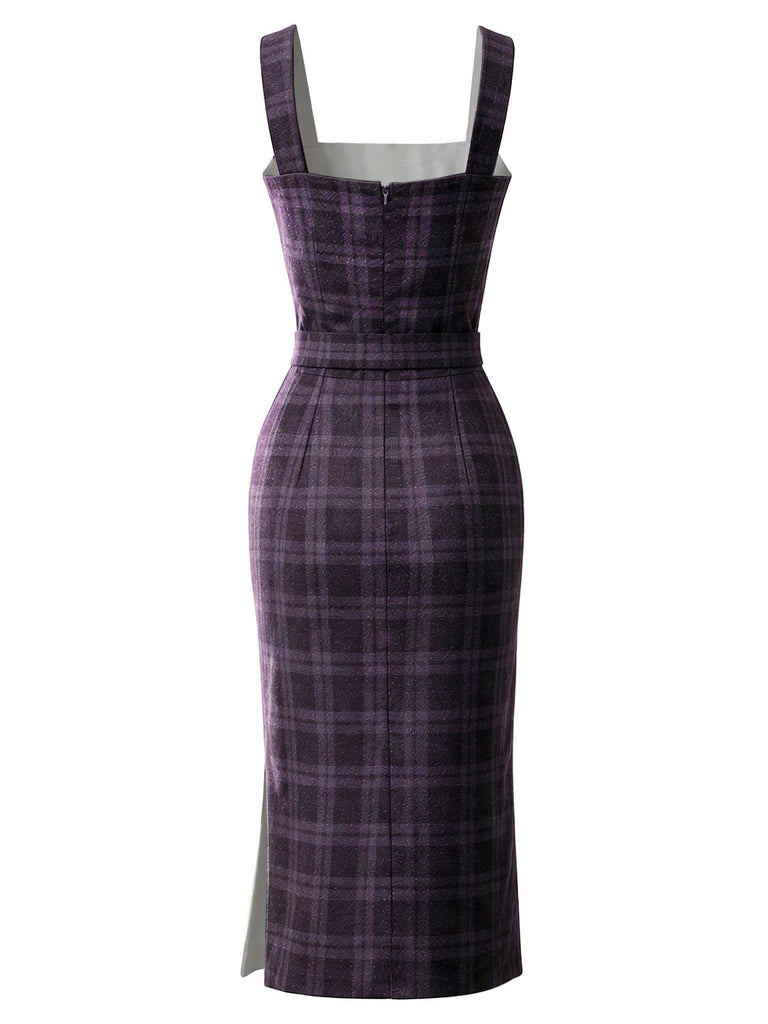 [Pre-Sale] Deep Purple 1960s Square Neck Plaid Belted Pencil Dress