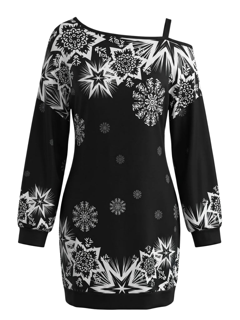 Christmas Snowflake Print Off Shoulder Mini Dress 1
