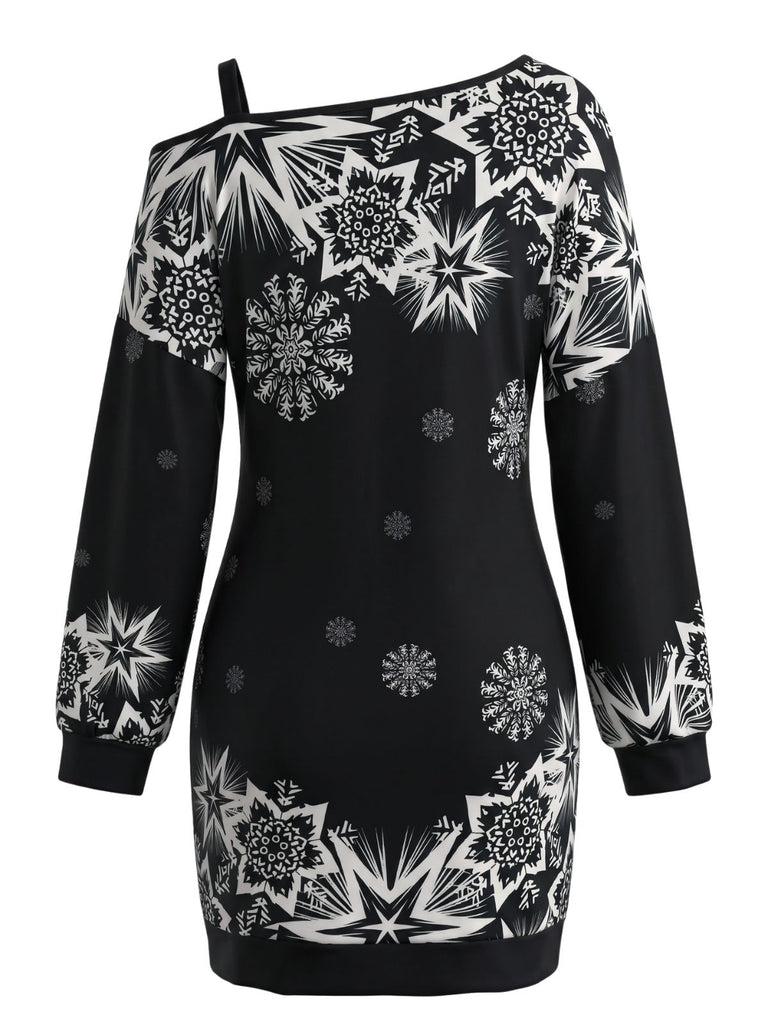 Christmas Snowflake Print Off Shoulder Mini Dress 2