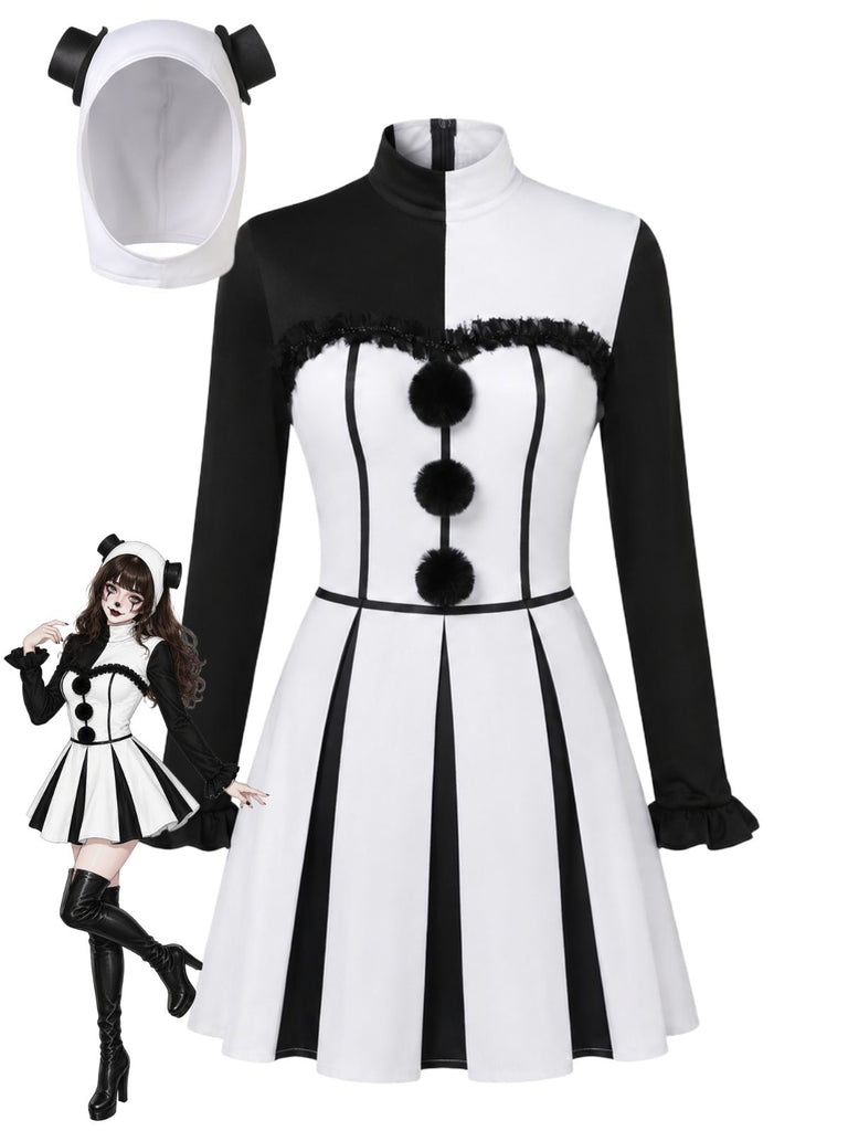 Black & White 1960s Halloween Horror Clown Costume Dress with Headpiece
