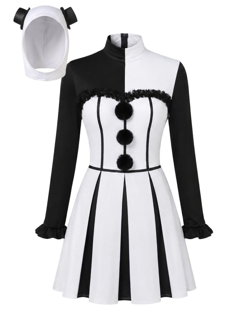 Black & White 1960s Halloween Horror Clown Costume Dress with Headpiece