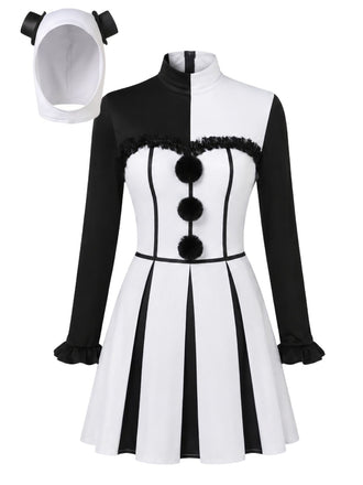 Black & White 1960s Halloween Horror Clown Costume Dress with Headpiece
