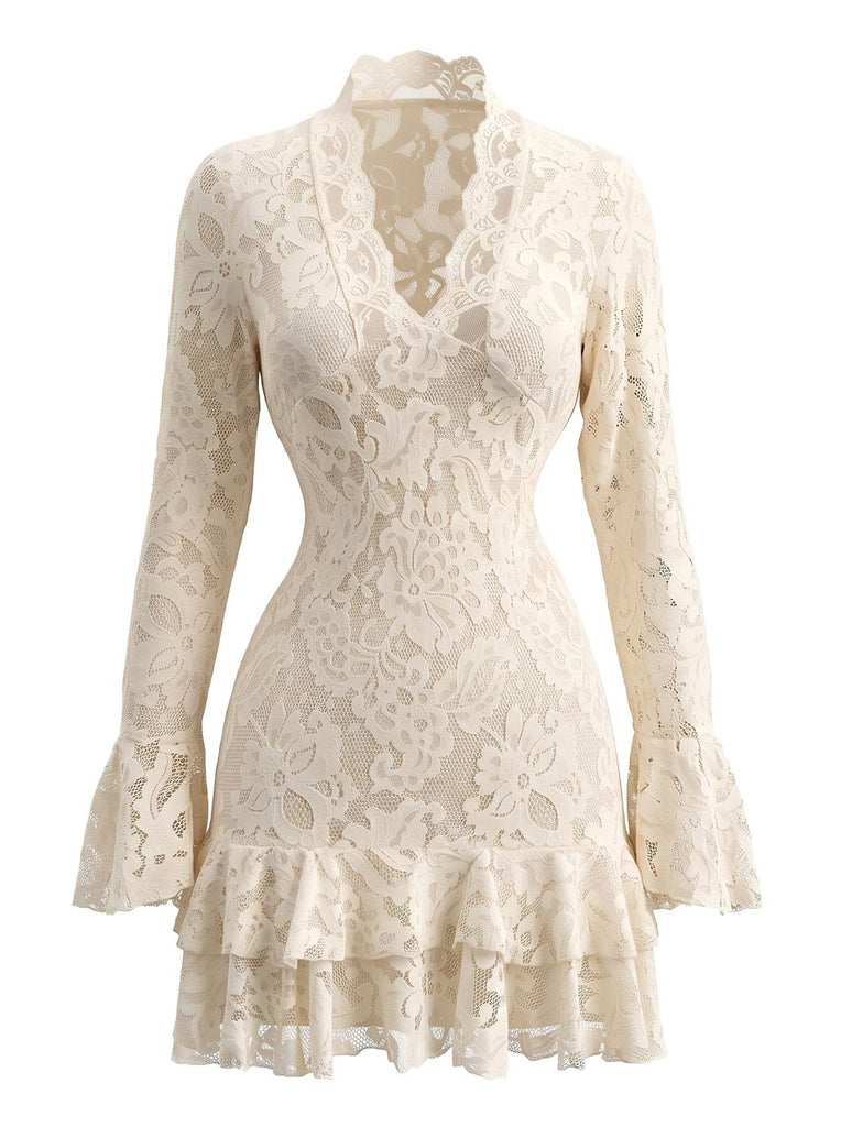 1970s Lace V-Neck Long-Sleeve Ruffle Hem Bodycon Dress