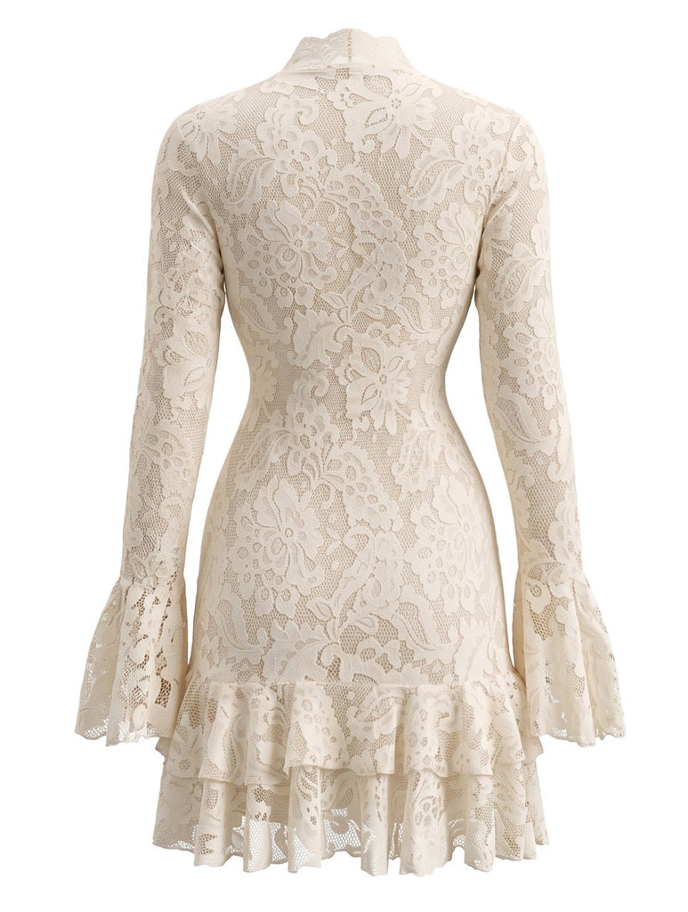 1970s Lace V-Neck Long-Sleeve Ruffle Hem Bodycon Dress