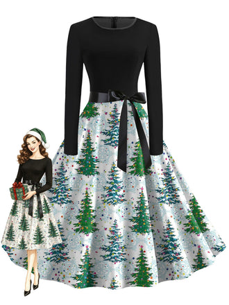 Christmas Print Long Sleeve Fit and Flare Dress 1