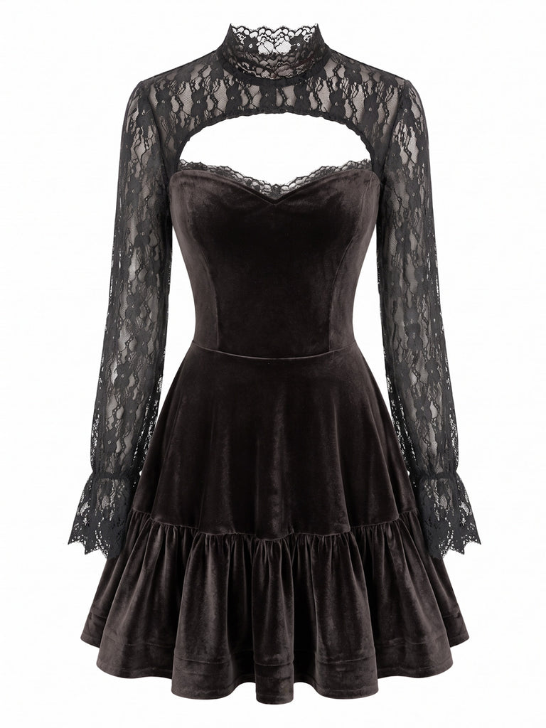 Brown 1970s Lace Velvet Long Sleeve Dress 2