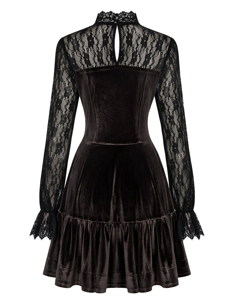 Brown 1970s Lace Velvet Long Sleeve Dress 3