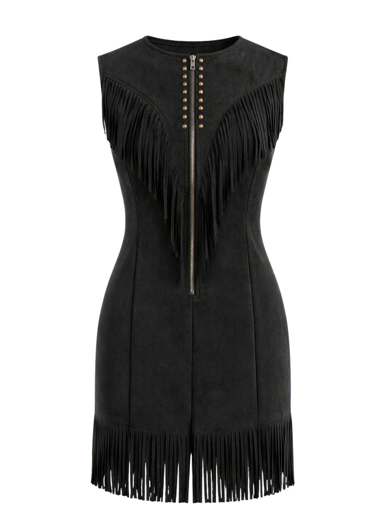 Black 1960s Fringe V Neck Dress 1