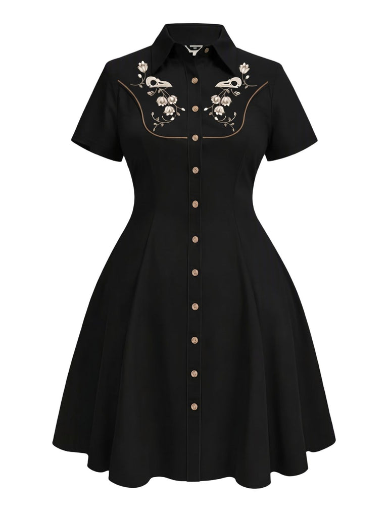 [Pre-Sale] [Plus Size] Black 1950s Cotton Floral Embroidered Western Style Dress
