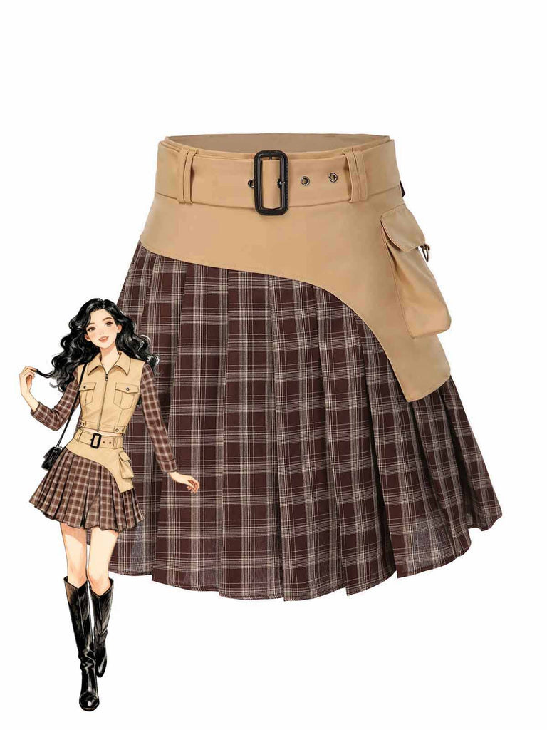 [Pre-Sale] Brown 1960s Plaid Patchwork Belted Pleated Skirt