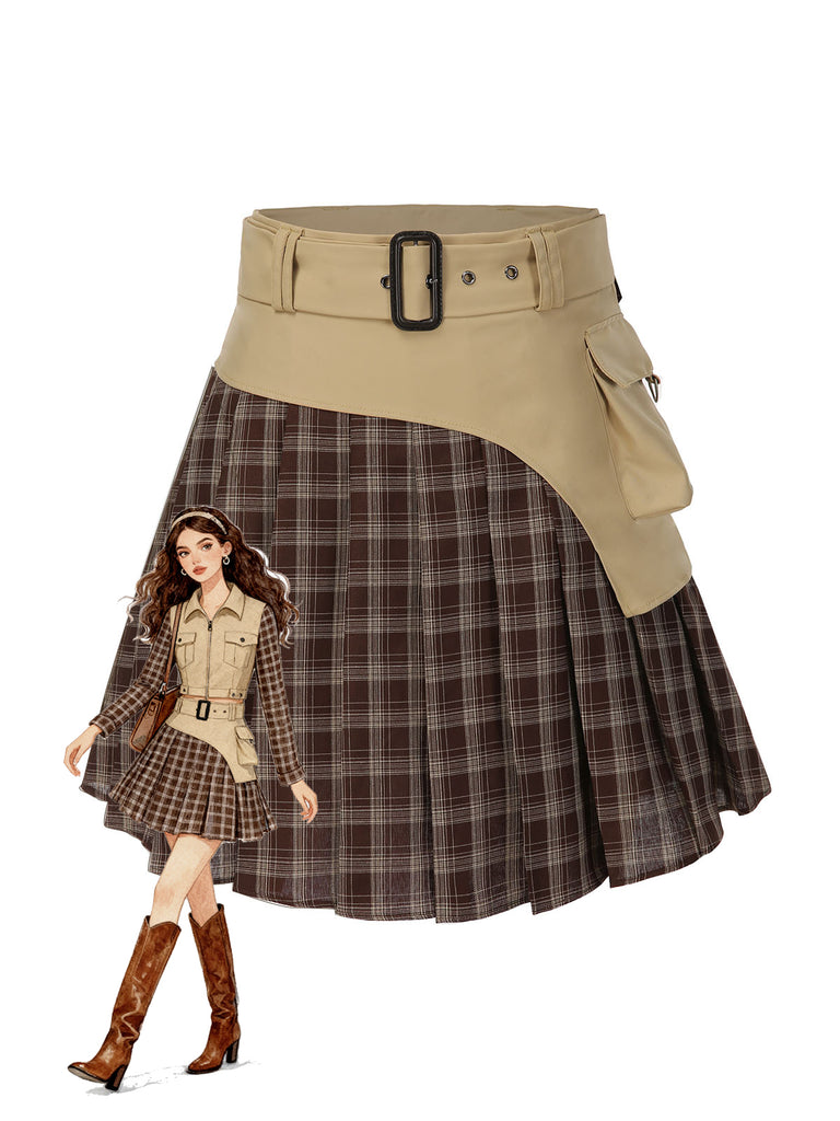 [Pre-Sale] Brown 1960s Plaid Patchwork Belted Pleated Skirt