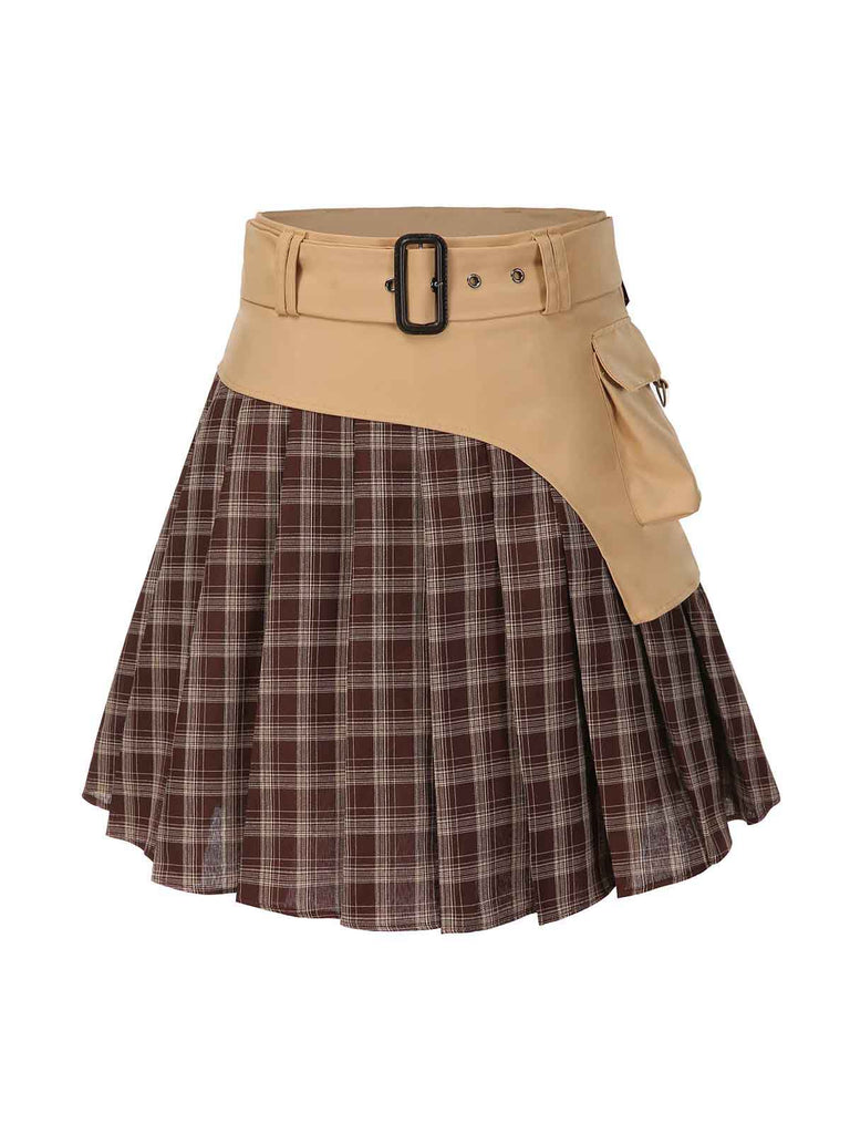 [Pre-Sale] 2PCS Khaki & Brown 1960s Plaid Patchwork Jacket & Pleated Skirt