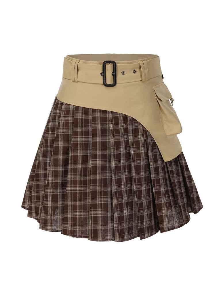 [Pre-Sale] 2PCS Khaki & Brown 1960s Plaid Patchwork Jacket & Pleated Skirt