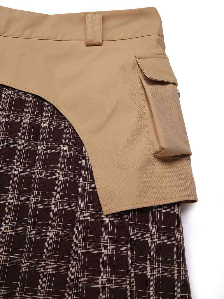 [Pre-Sale] 2PCS Khaki & Brown 1960s Plaid Patchwork Jacket & Pleated Skirt