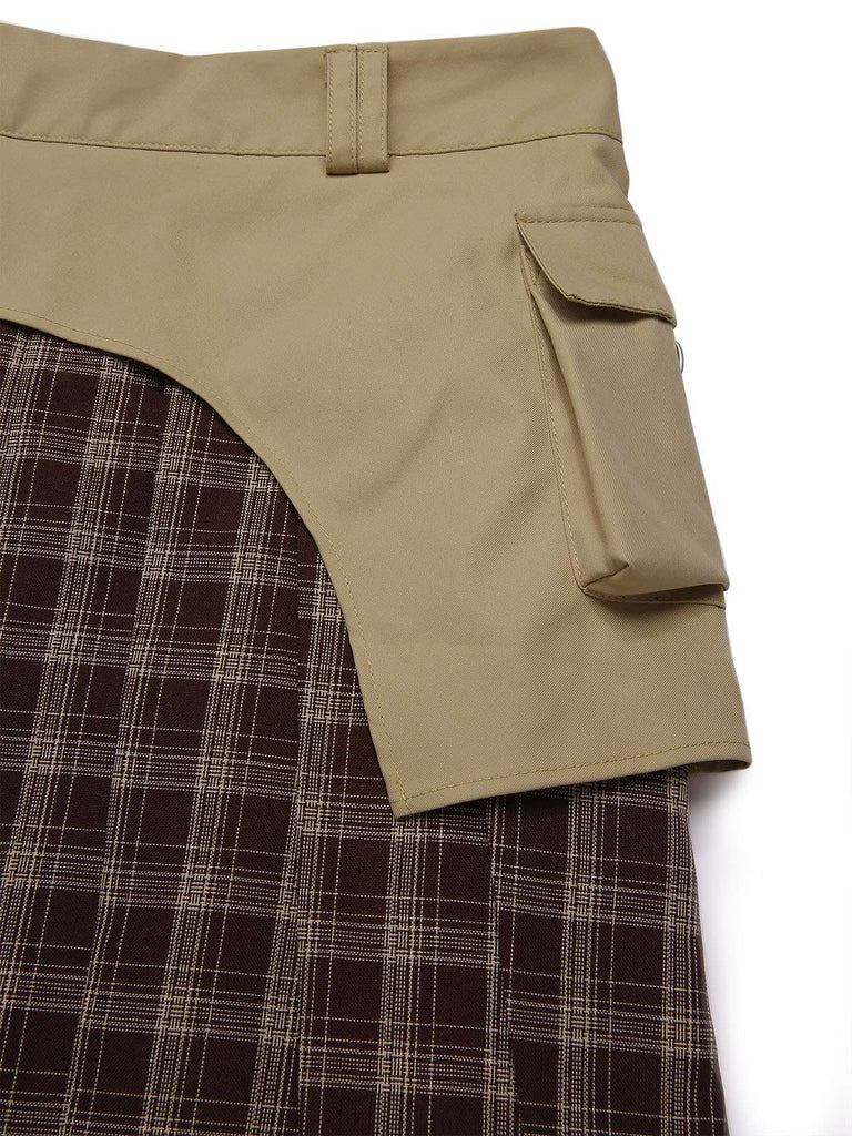 [Pre-Sale] 2PCS Khaki & Brown 1960s Plaid Patchwork Jacket & Pleated Skirt