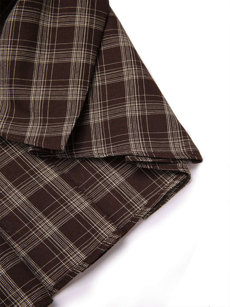 [Pre-Sale] 2PCS Khaki & Brown 1960s Plaid Patchwork Jacket & Pleated Skirt