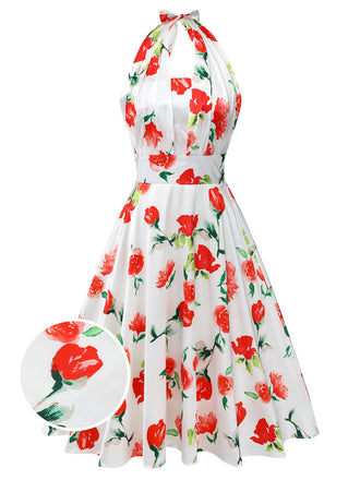 ‍White 1950s Watercolor Rose Halter Dress (75% off)
