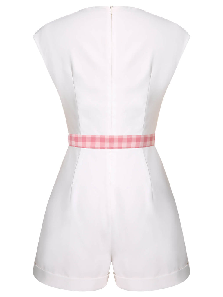 White & Pink 1950s Plaid Romper With Belt