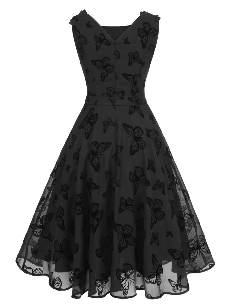 Black 1950s Butterfly Flocking Mesh Dress