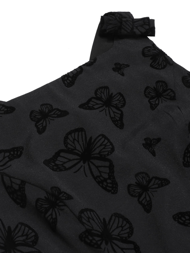 Black 1950s Butterfly Flocking Mesh Dress