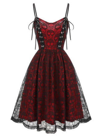 Wine Red 1980s Skull Pattern Gothic Style Dress