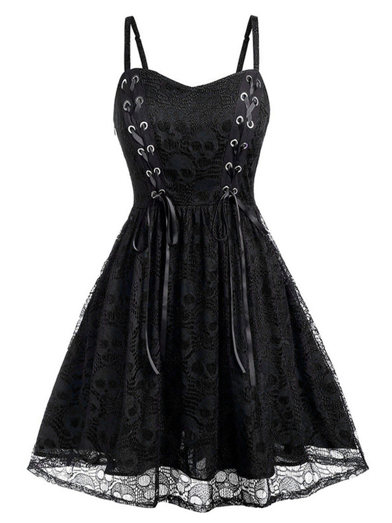 Black 1980s Skull Pattern Gothic Style Dress