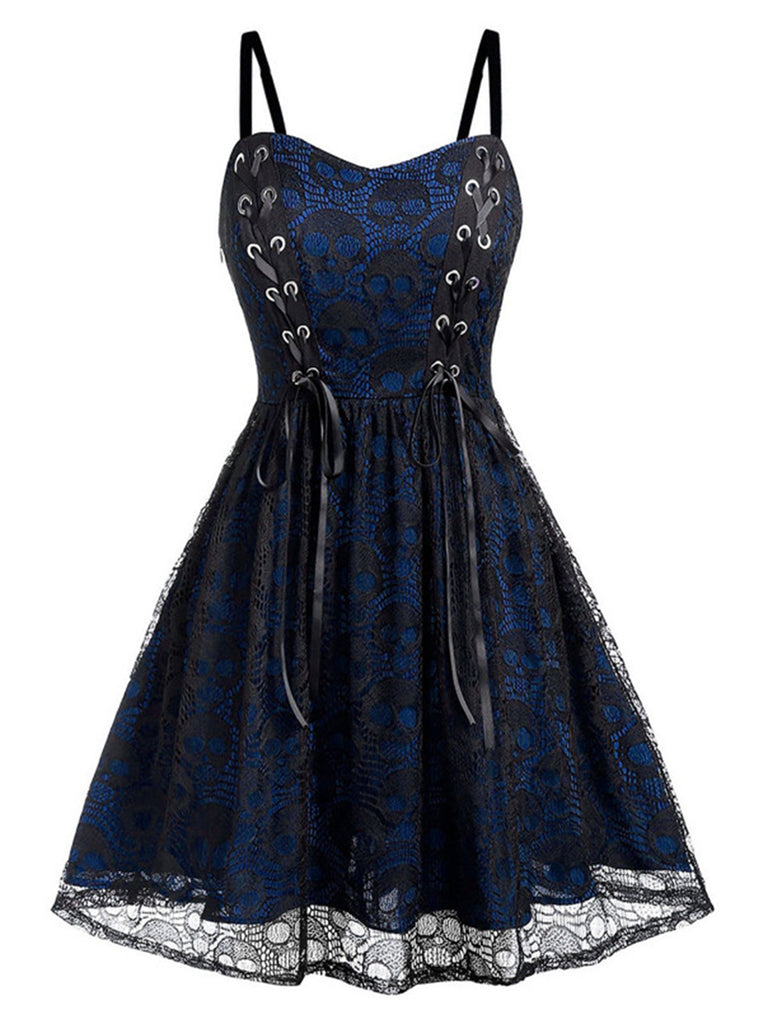 Blue 1980s Skull Pattern Gothic Style Dress