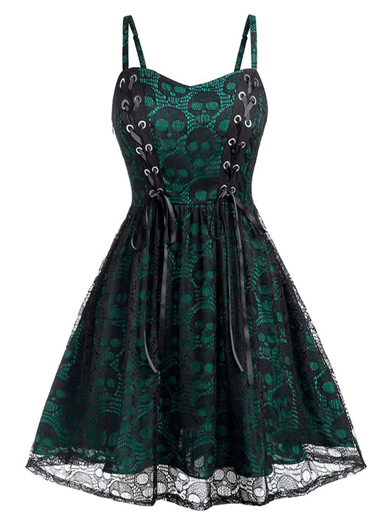 Green 1980s Skull Pattern Gothic Style Dress