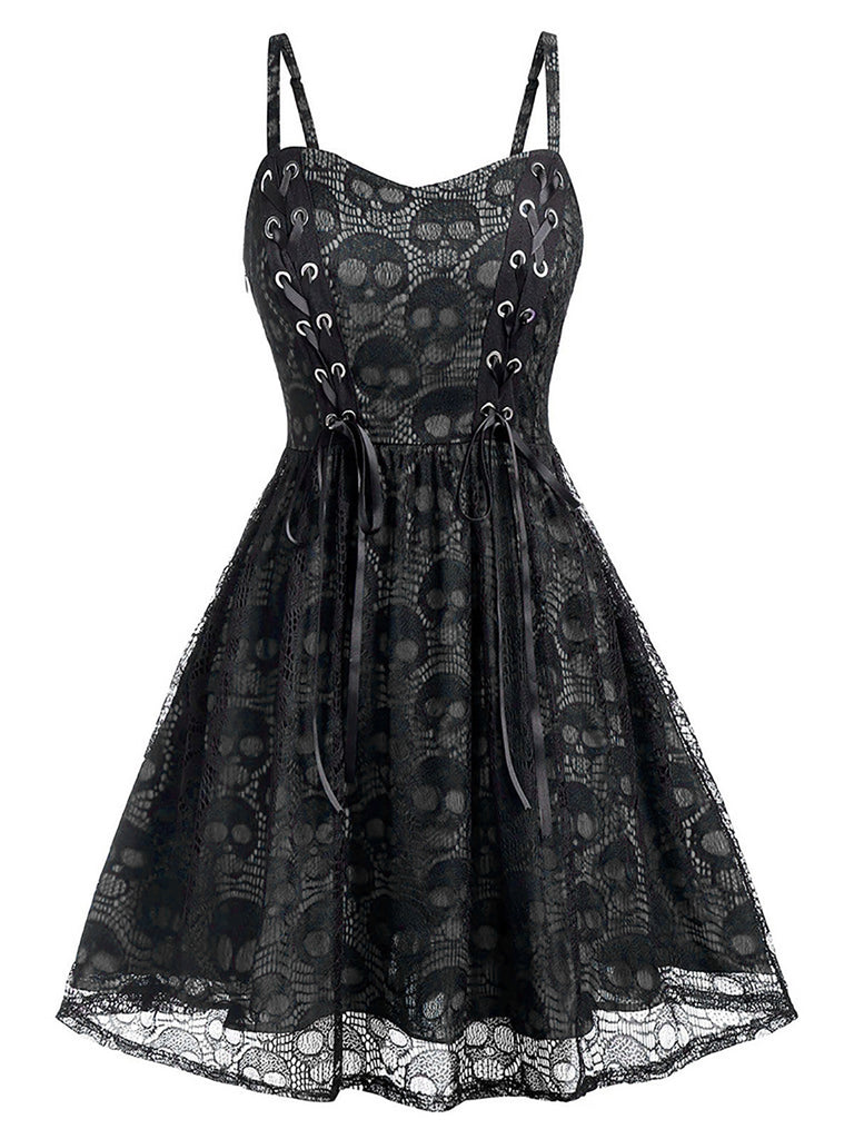 Black 1980s Skull Pattern Gothic Style Dress