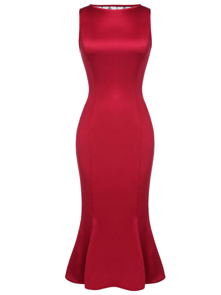 Deep Red 1930s Solid Bow Decor Fishtail Dress