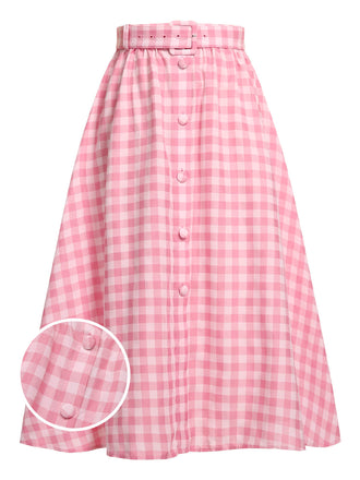 1950s Pink Plaid Button Skirt With Belt