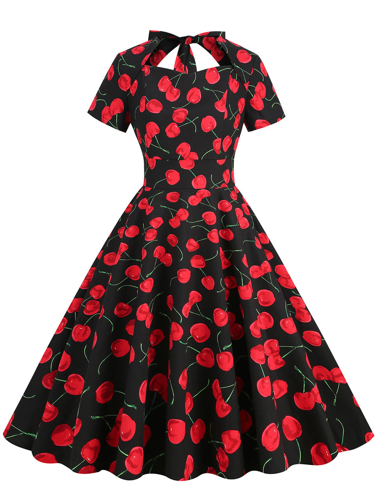 1950s Cherry Sweetheart Short Sleeve Lace Up Dress