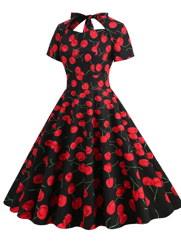 1950s Cherry Sweetheart Short Sleeve Lace Up Dress