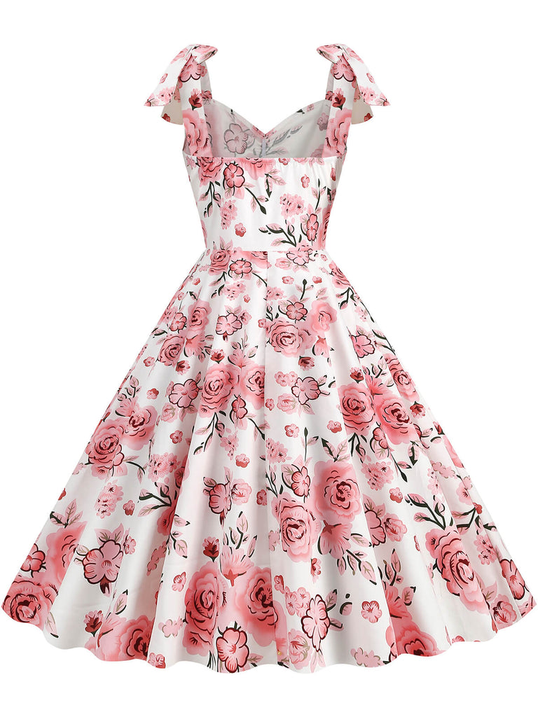 1950s Floral Lace-Up Shoulder V-Neck Swing Dress