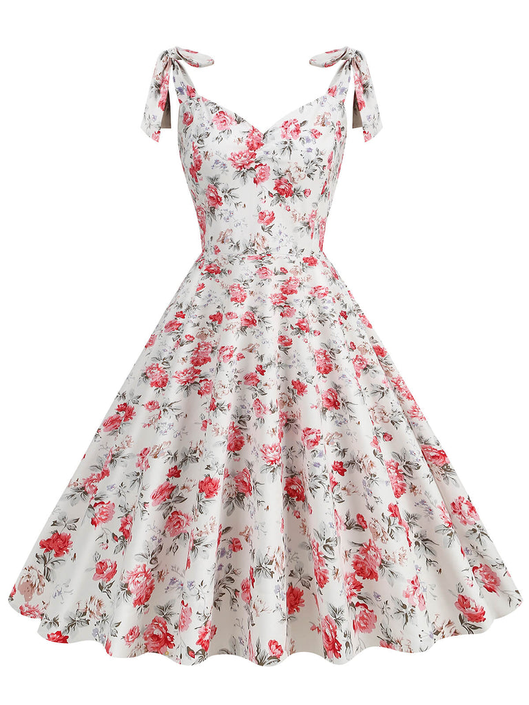 1950s Floral Lace-Up Shoulder V-Neck Swing Dress