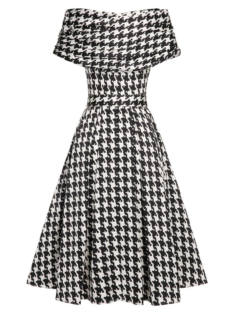 Black 1950s Houndstooth Short Sleeve Belted Dress