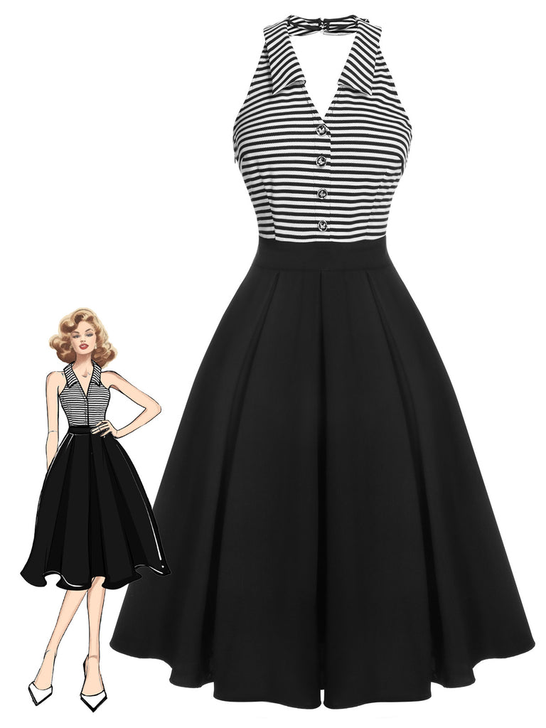 Black 1950s Stripe Lapel Halter Patchwork Dress