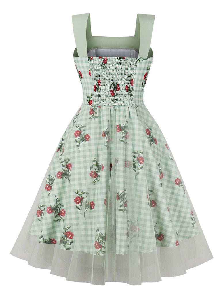 Green 1950s Plaid Floral Mesh Patchwork Dress