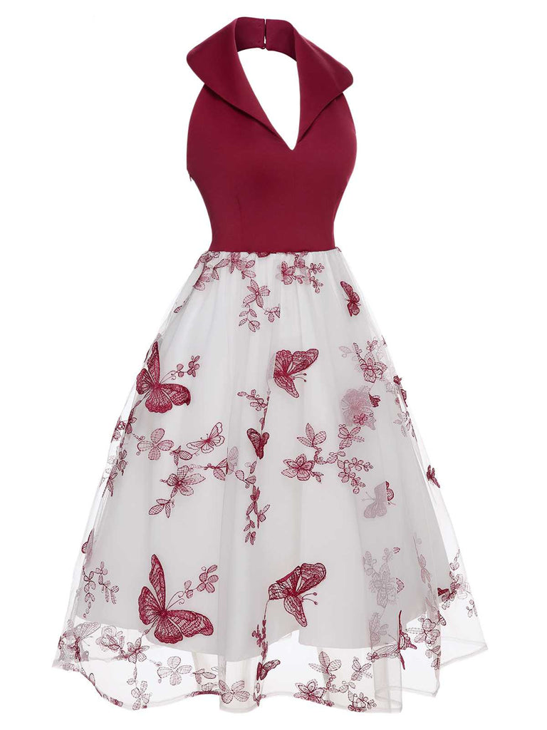 Wine Red 1950s Butterfly Lapel Mesh Dress