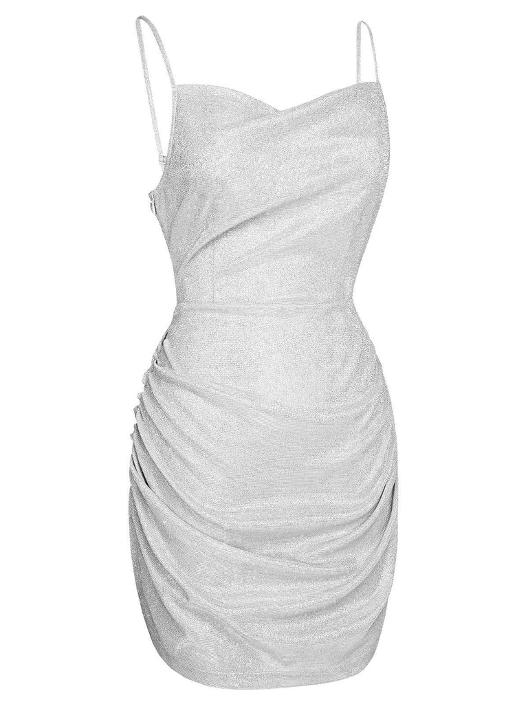 Silver 1960s Spaghetti Strap Sparkling Mini Dress