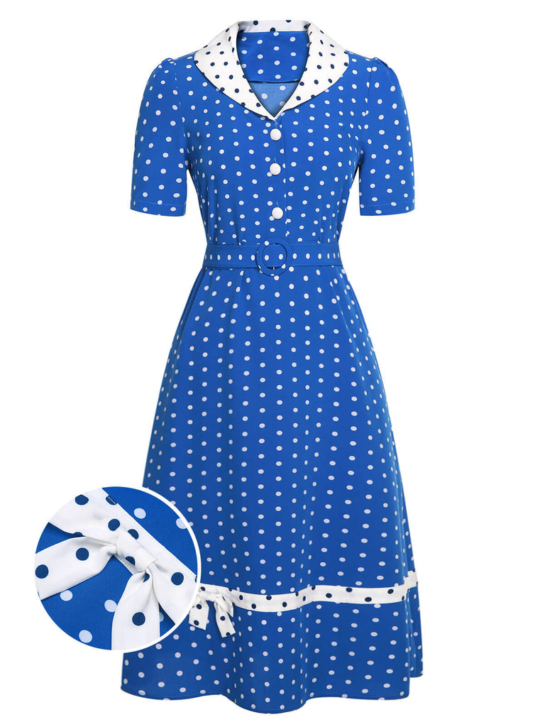 Blue & White 1940s Polka Dot Lapel Dress