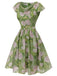 Green 1960s Oil-Painting Rose Dress