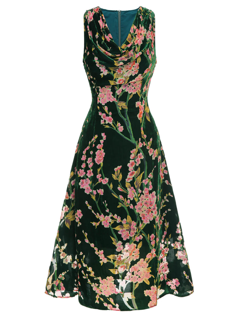 Green 1930s Floral Velvet Sleeveless Dress