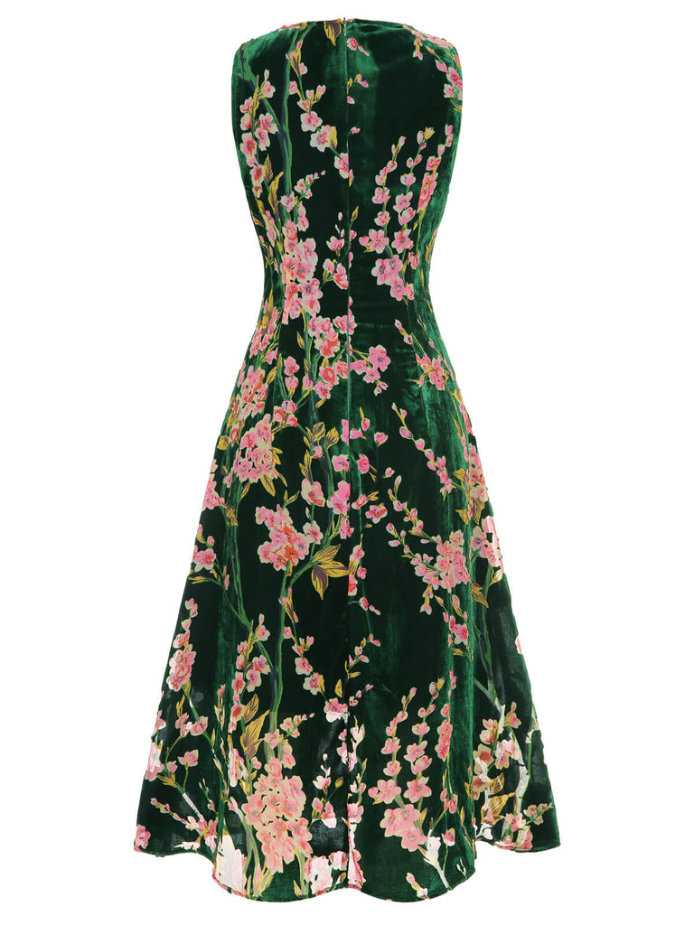 Green 1930s Floral Velvet Sleeveless Dress