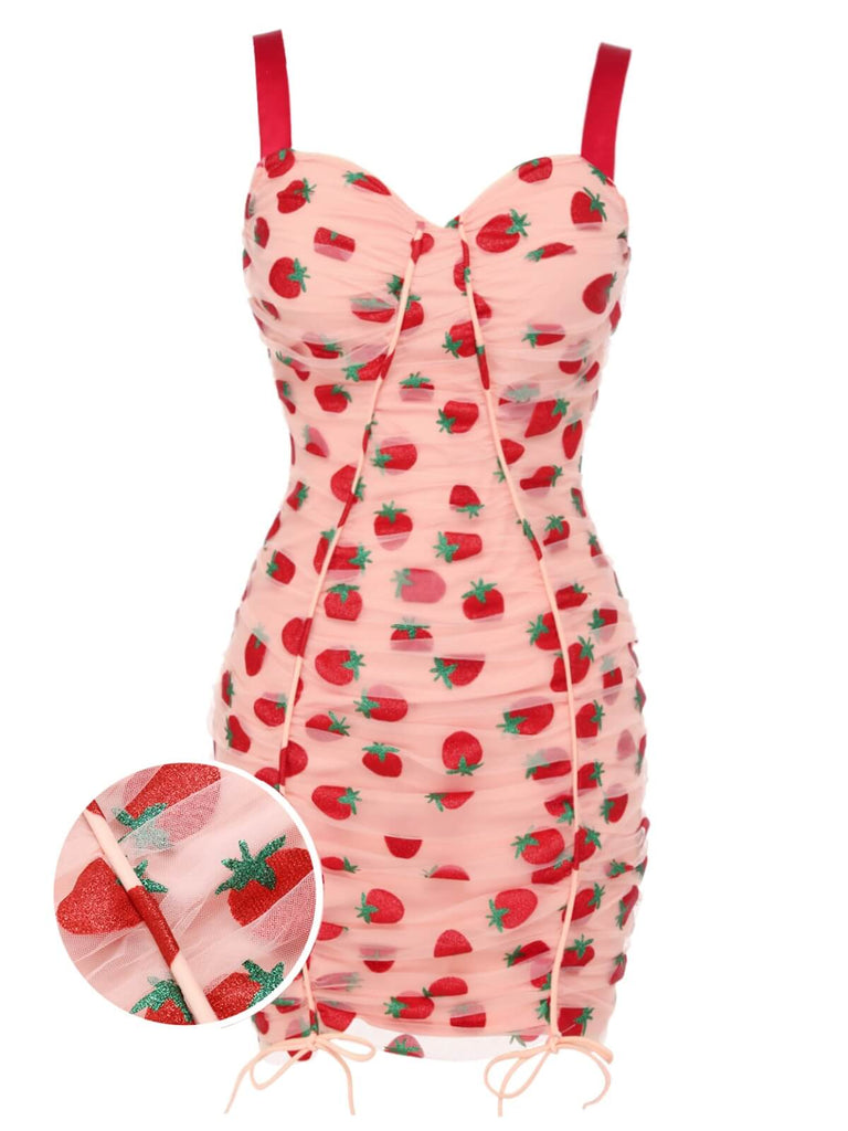 Pink 1960s Strawberry Drawstring Strap Pencil Dress