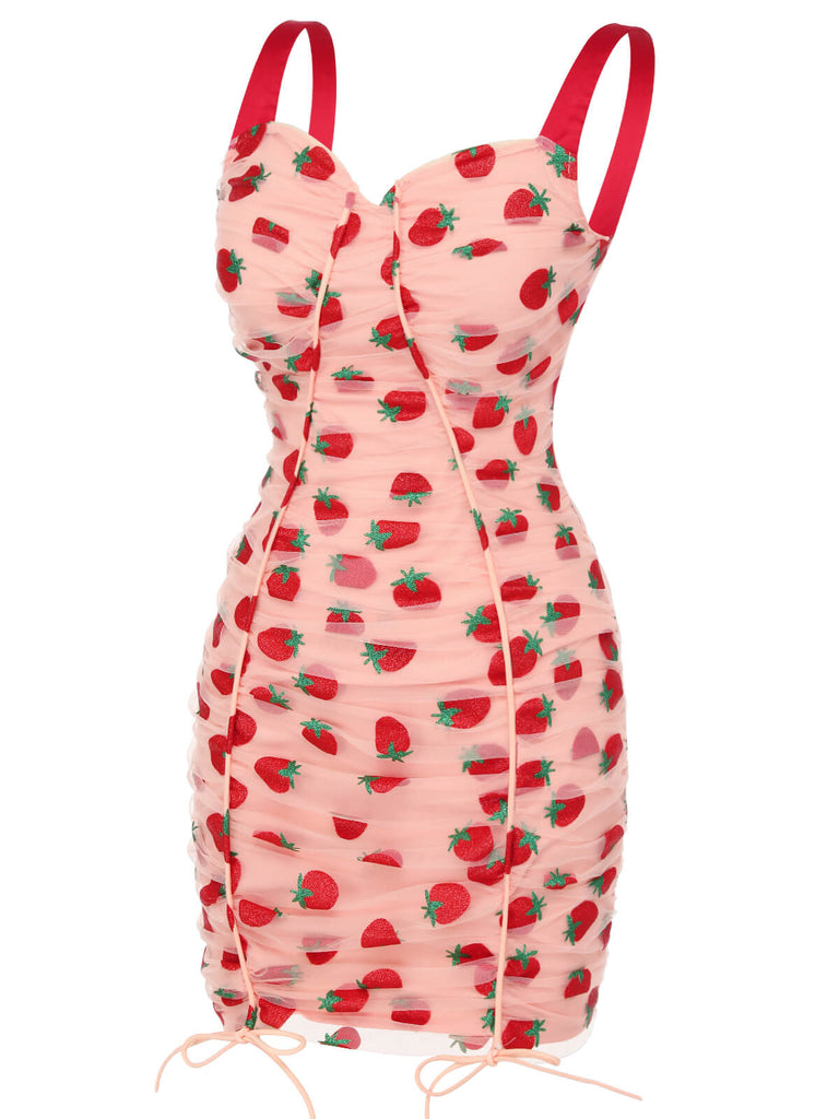 Pink 1960s Strawberry Drawstring Strap Pencil Dress