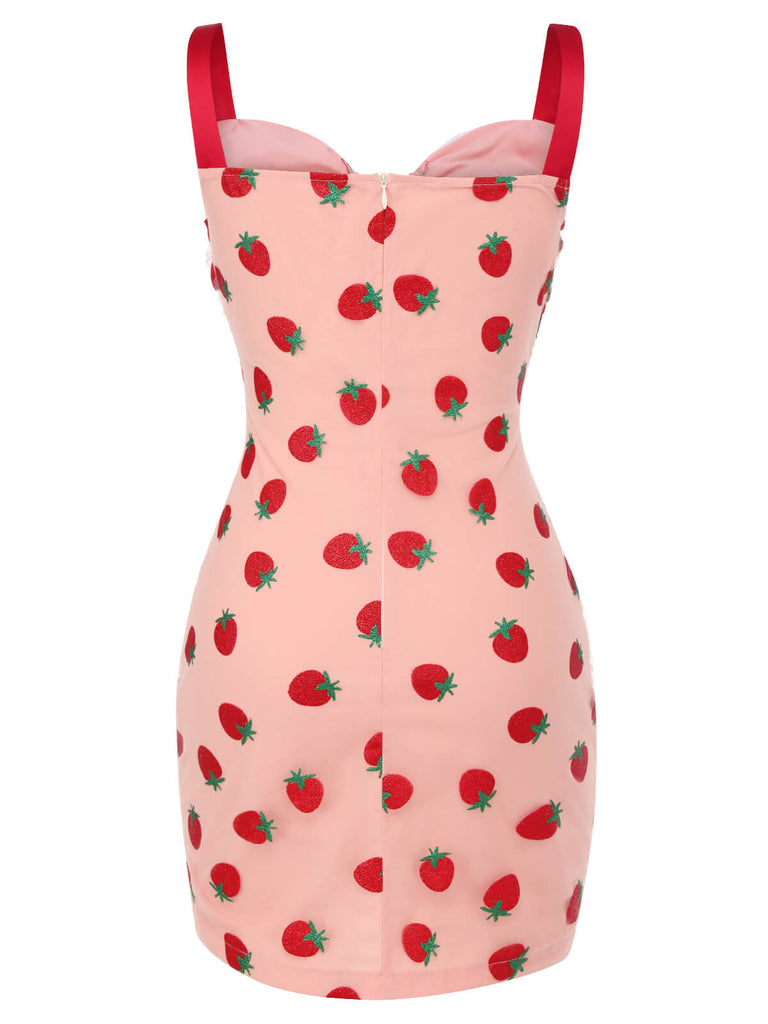 Pink 1960s Strawberry Drawstring Strap Pencil Dress