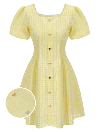 Yellow 1950s Square Neck Buttons Mini Dress, vintage dress, retro fashion, rockabilly, pin-up fashion - perfect for women who love vintage and retro fashion