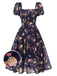 Navy Blue Floral Bubble Sleeves Dress